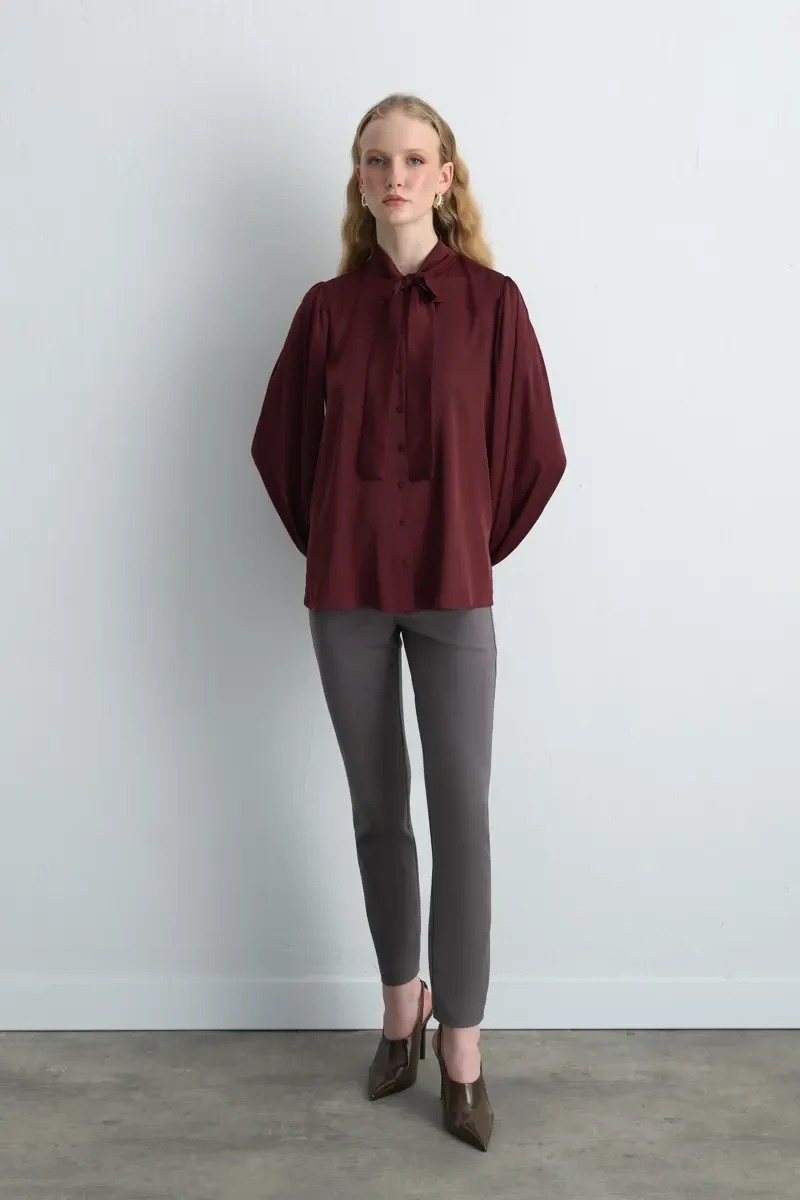 Halter Neck Satin Shirt - Burgundy - 1