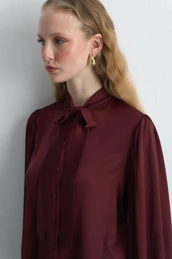 Halter Neck Satin Shirt Burgundy - 4