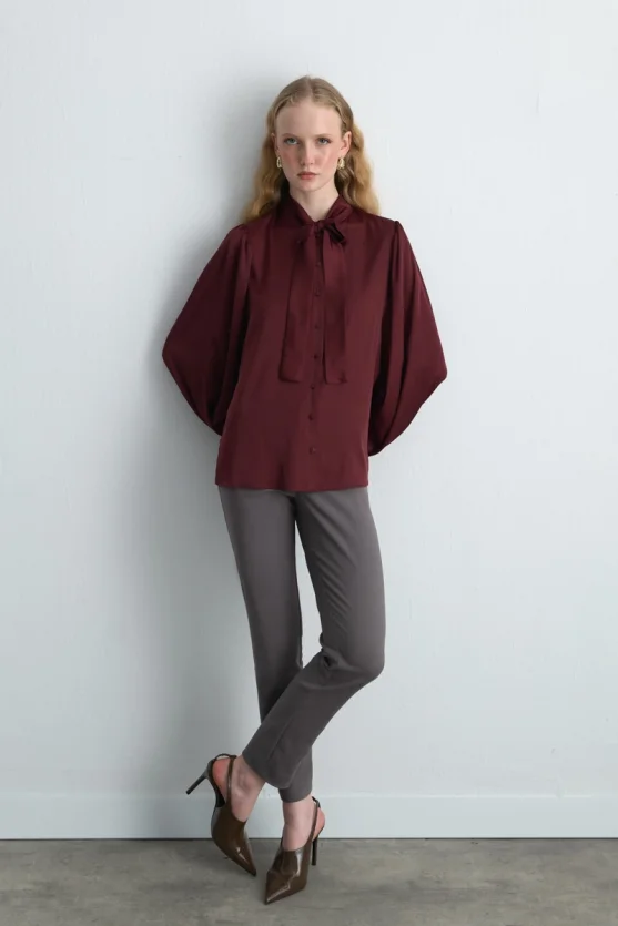 Halter Neck Satin Shirt Burgundy - 2