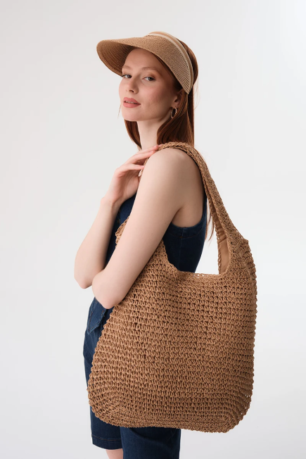 Hand Knitted Bohemian Straw Bag - Camel Camel