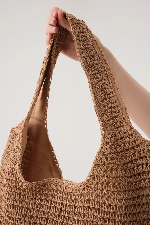 Hand Knitted Bohemian Straw Bag - Camel - 3
