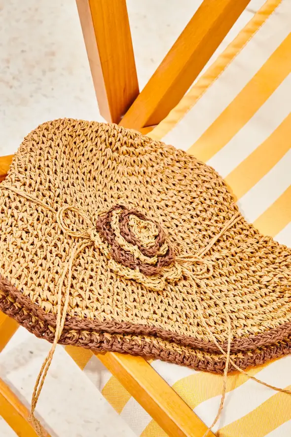 Hand-Knitted Flower Detail Straw Hat - Beige - 2