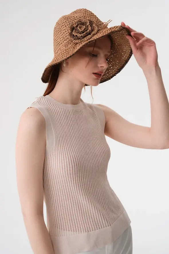 Hand-Knitted Flower Detail Straw Hat - Camel - 1