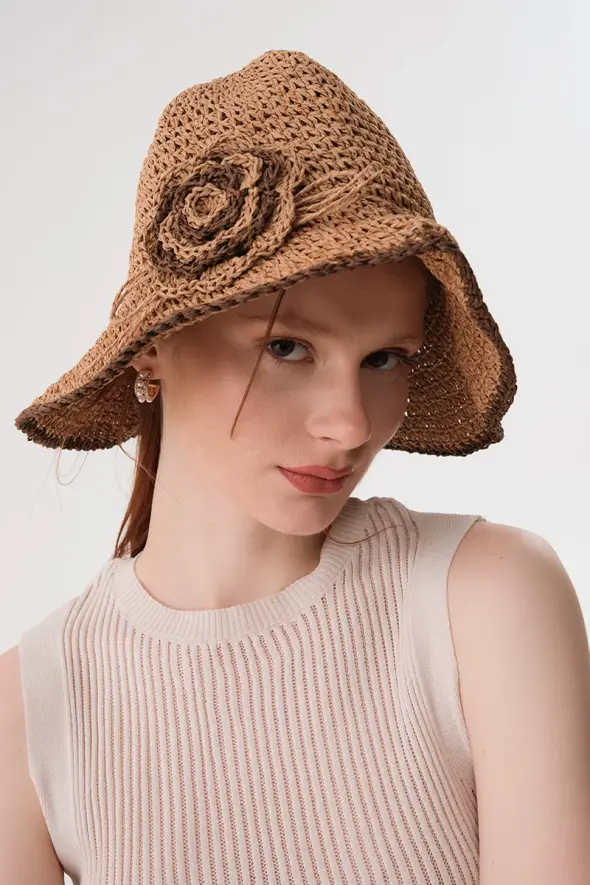 Hand-Knitted Flower Detail Straw Hat - Camel - 2