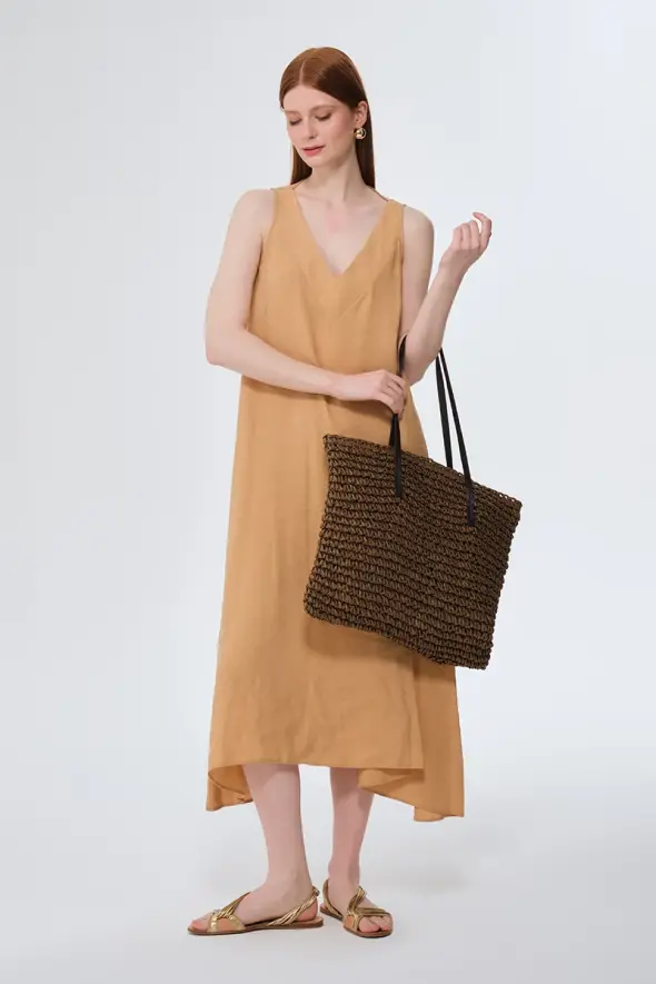 Hand-Knitted Straw Bag - Brown - 2