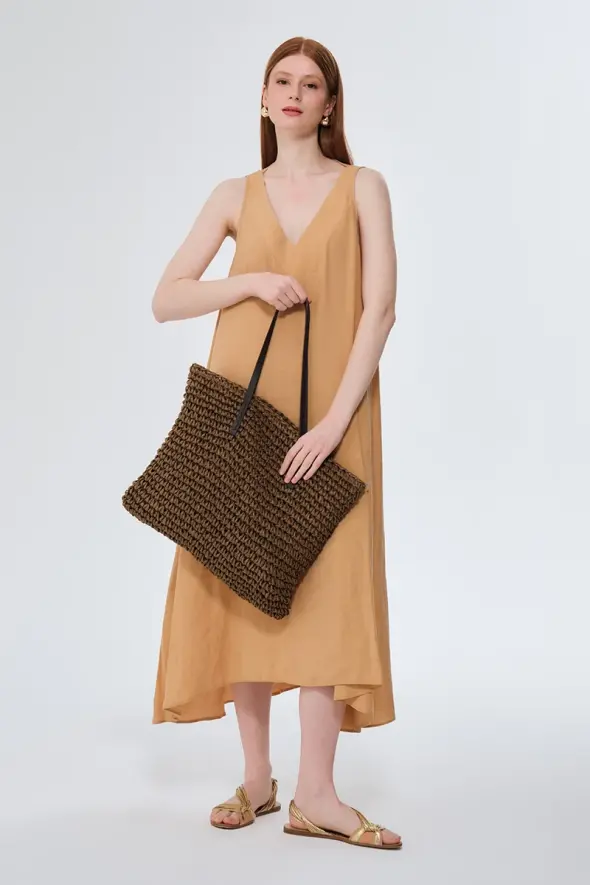 Hand-Knitted Straw Bag - Brown - 3