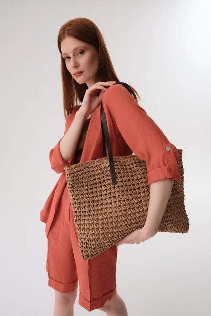 Hand Knitted Straw Bag - Camel Camel