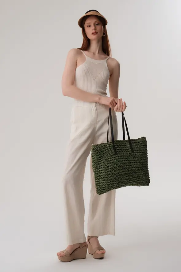 Hand-Knitted Straw Bag - Green - 3