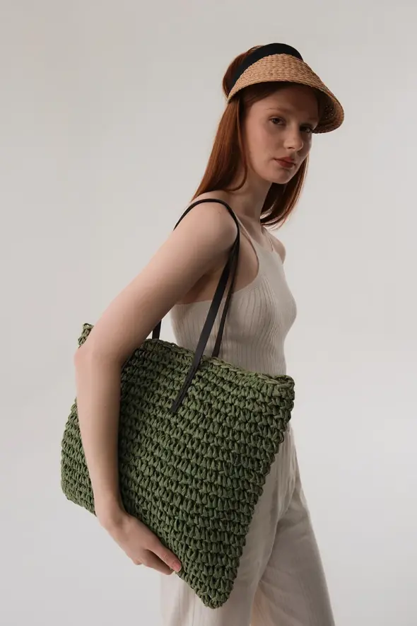 Hand-Knitted Straw Bag - Green - 2