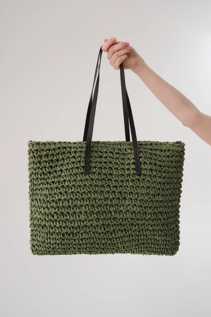 Hand-Knitted Straw Bag - Green Green