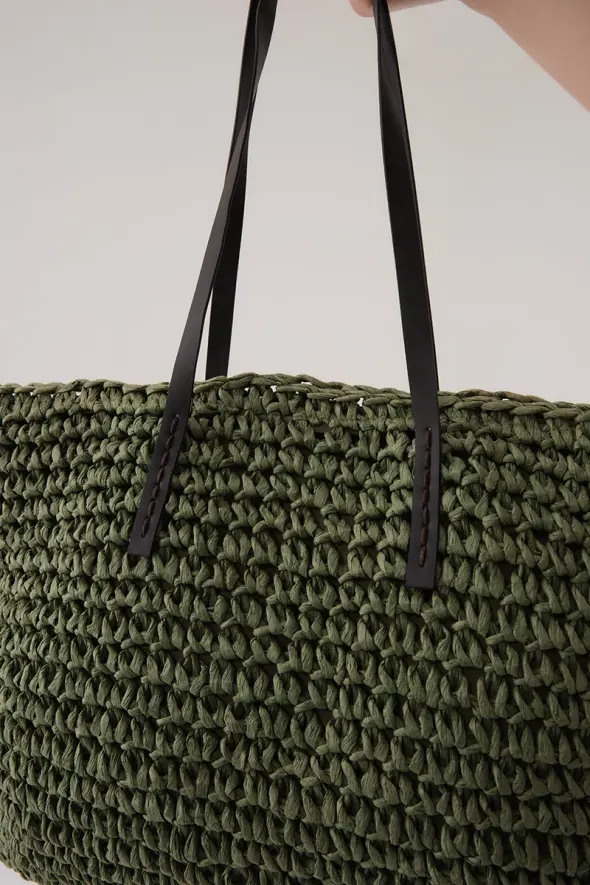 Hand-Knitted Straw Bag - Green - 4
