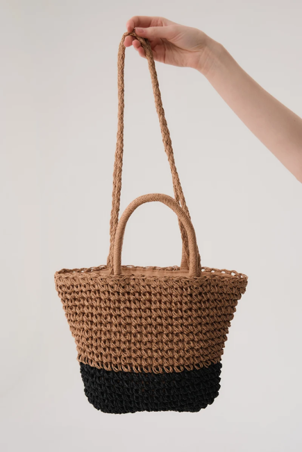 Hand Knitted Two Tone Straw Bag - Camel Camel