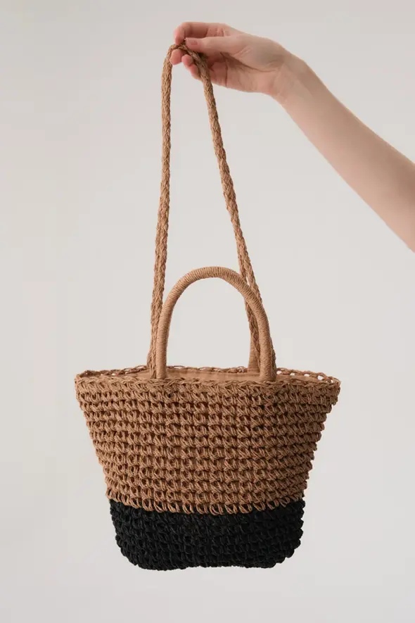 Hand Knitted Two Tone Straw Bag - Camel - 1
