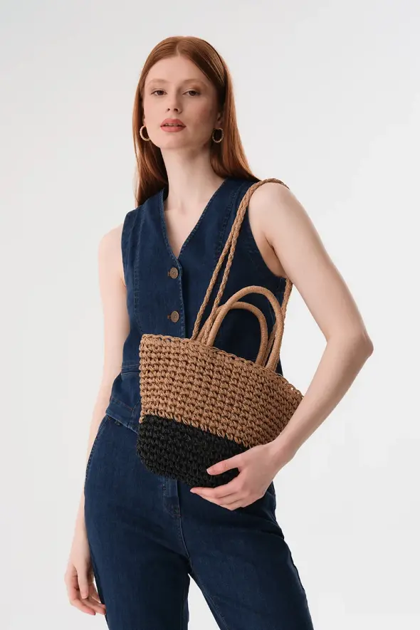 Hand Knitted Two Tone Straw Bag - Camel - 2