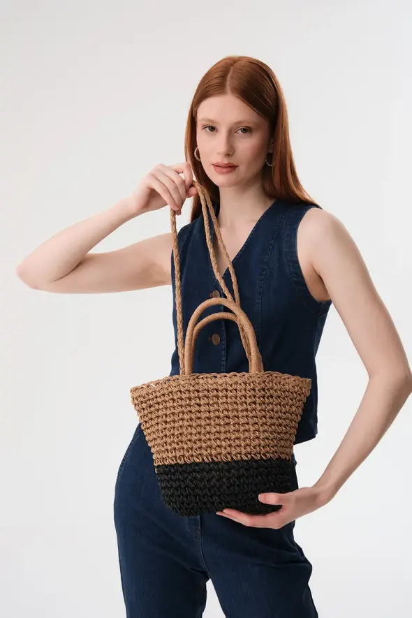 Hand Knitted Two Tone Straw Bag - Camel - 3