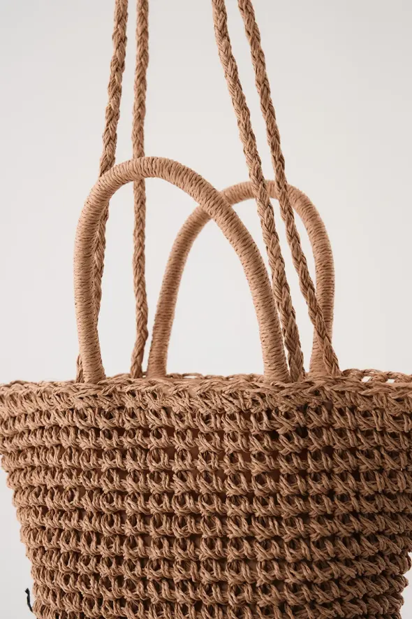 Hand Knitted Two Tone Straw Bag - Camel - 5