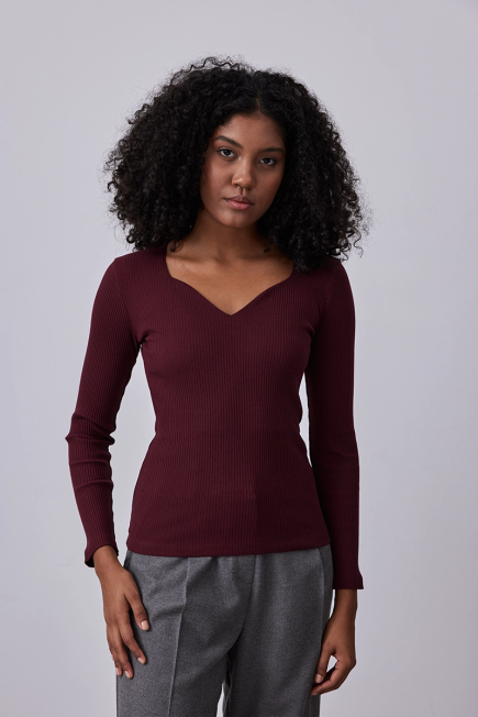 Heart Collar Cotton Blouse - Burgundy Burgundy