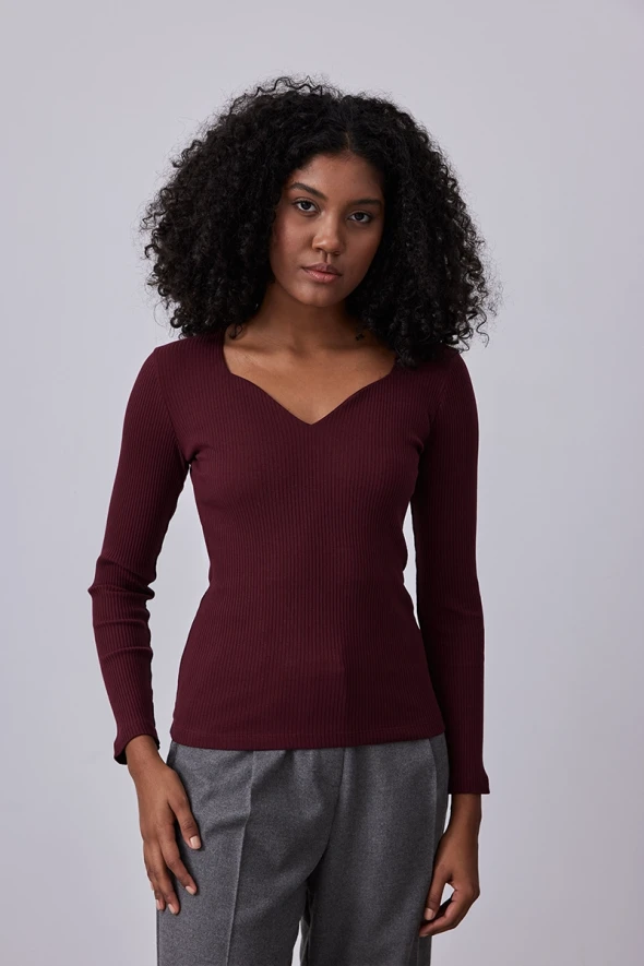 Heart Collar Cotton Blouse - Burgundy - 1