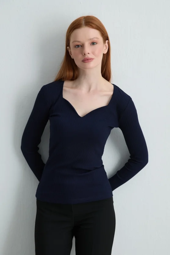 Heart Neck Cotton Blouse Navy Blue - Gusto
