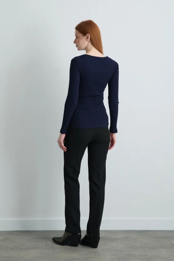 Heart Neck Cotton Blouse Navy Blue - 4