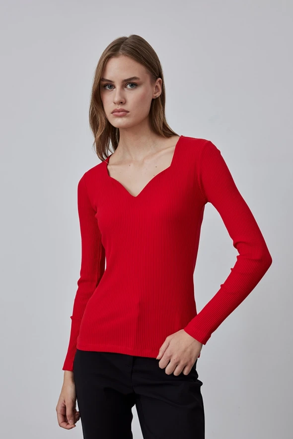 Heart Neck Cotton Blouse - Red - 1