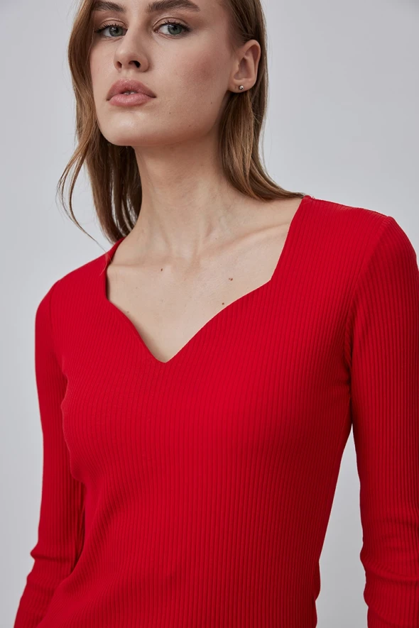 Heart Neck Cotton Blouse - Red - 3