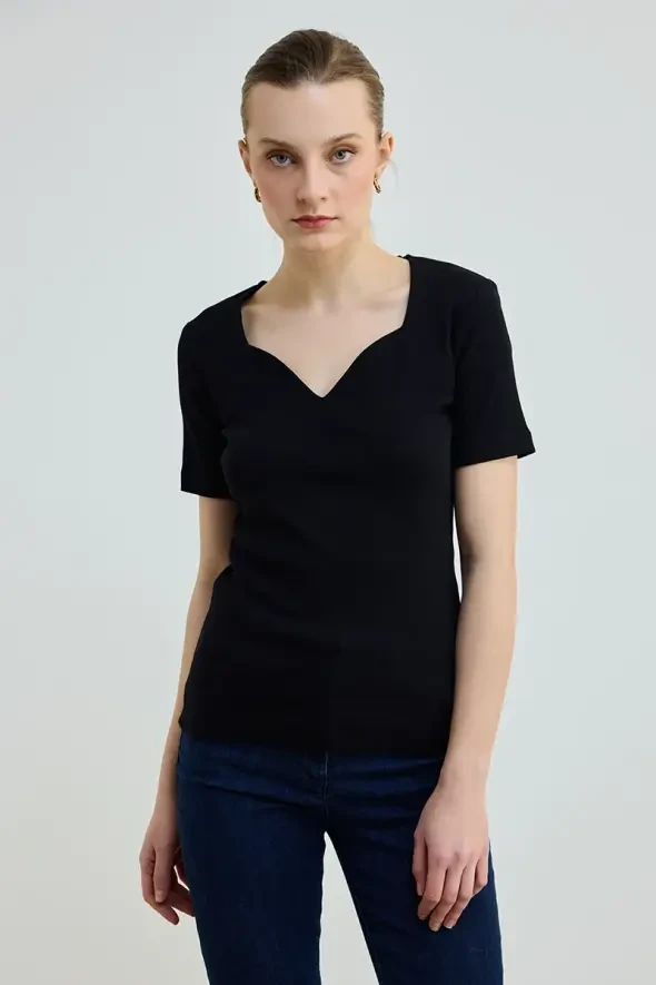 Heart Neck Cotton Ribbed Knit Blouse - Black - Gusto