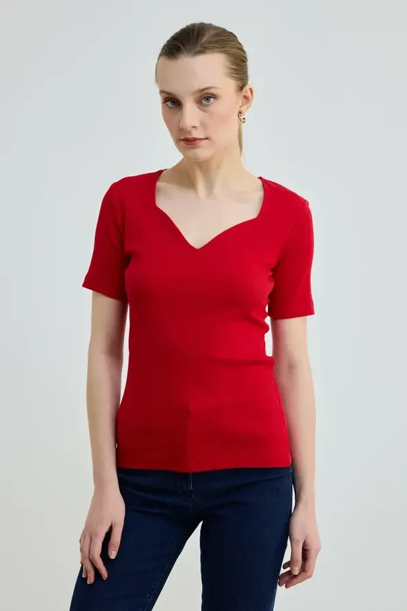 Heart Neck Cotton Ribbed Knit Blouse - Red - 1