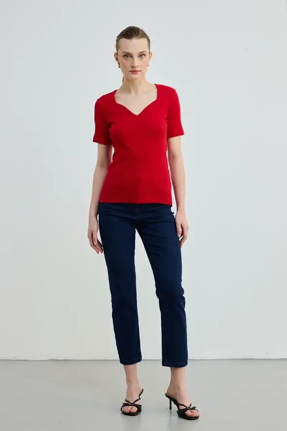 Heart Neck Cotton Ribbed Knit Blouse - Red - 2