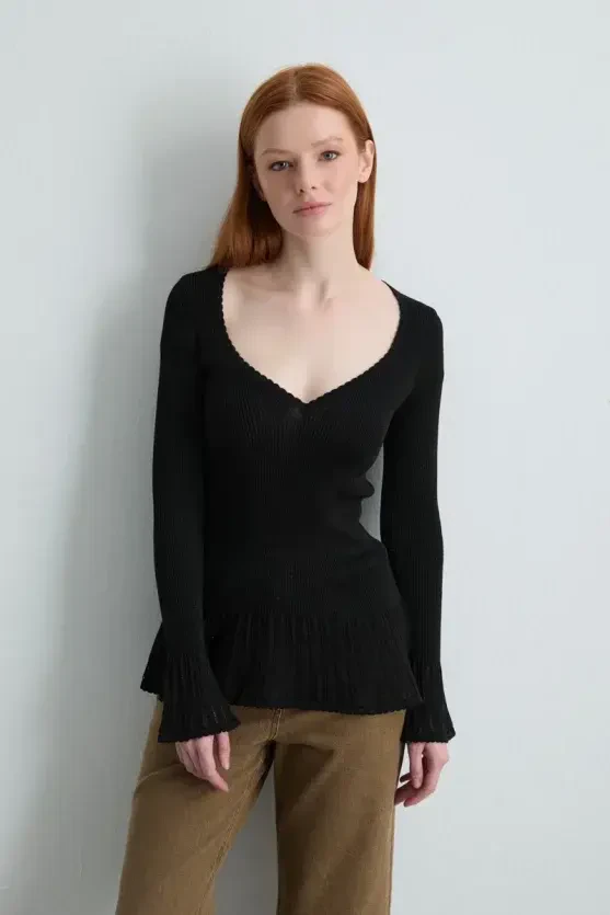 Heart-Neck Ruffle-Detail Knit Blouse - Black - 5