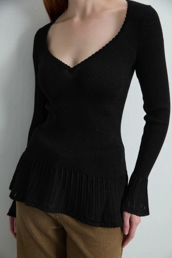 Heart Neck Ruffle Detail Knit Blouse Black - Gusto