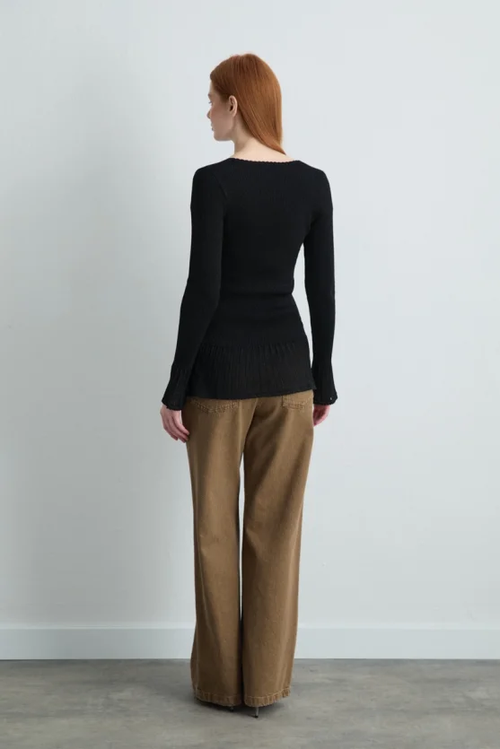 Heart Neck Ruffle Detail Knit Blouse Black - Gusto