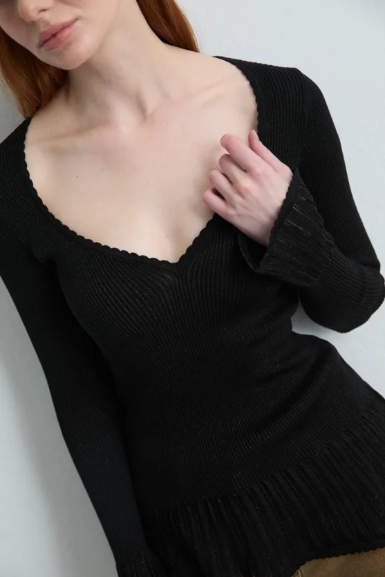 Heart Neck Ruffle Detail Knit Blouse Black - 3