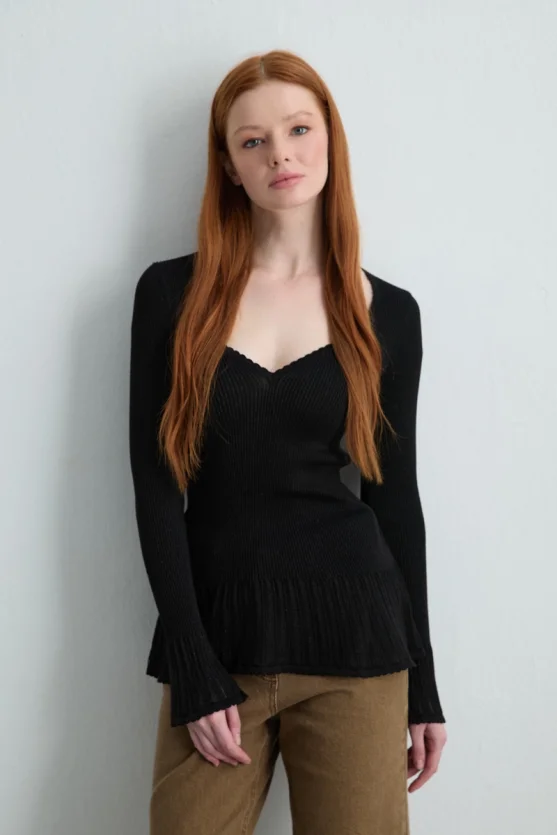Heart Neck Ruffle Detail Knit Blouse Black - 1