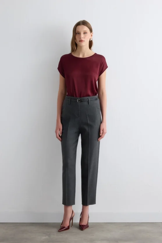 Herringbone Belted Cigarette Pants - Gray - 4