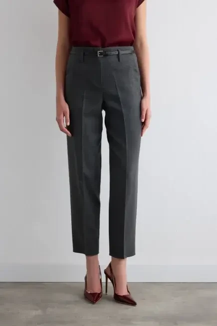 Herringbone Belted Cigarette Pants - Gray - Gusto (1)