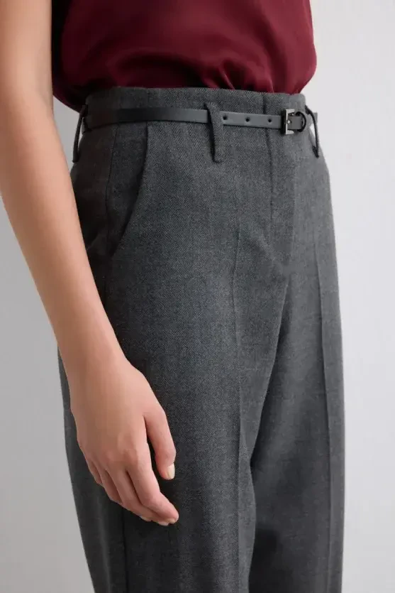 Herringbone Belted Cigarette Pants - Gray - Gusto