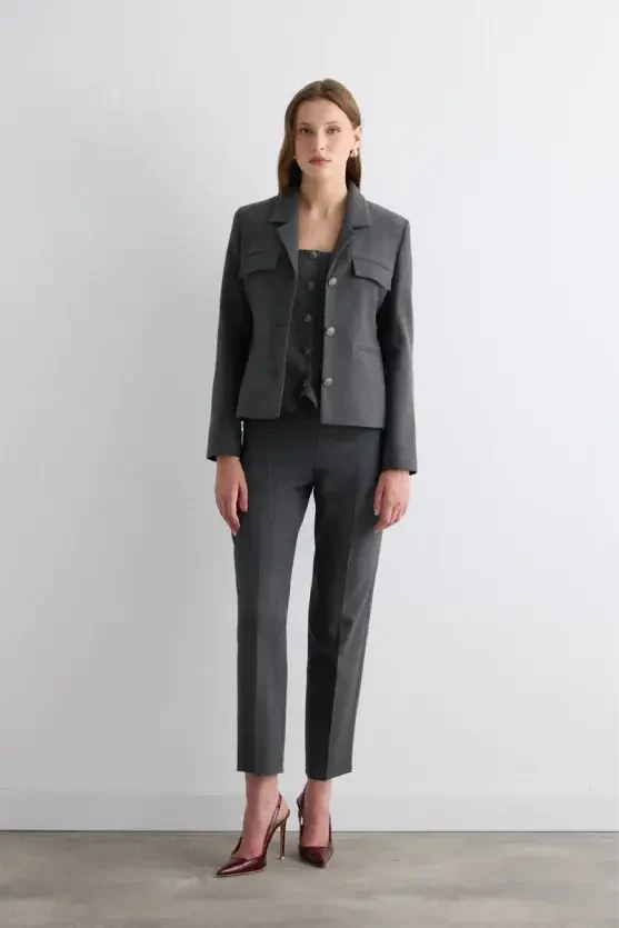 Herringbone Belted Cigarette Pants - Gray - Gusto