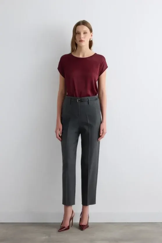 Herringbone Belted Cigarette Pants - Gray - Gusto