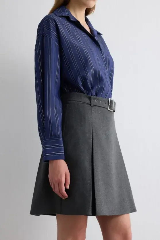 Herringbone Belted Mini Skirt - Gray - Gusto