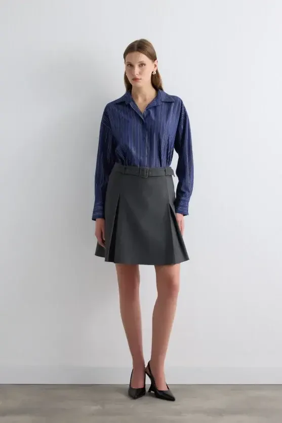 Herringbone Belted Mini Skirt - Gray - 1