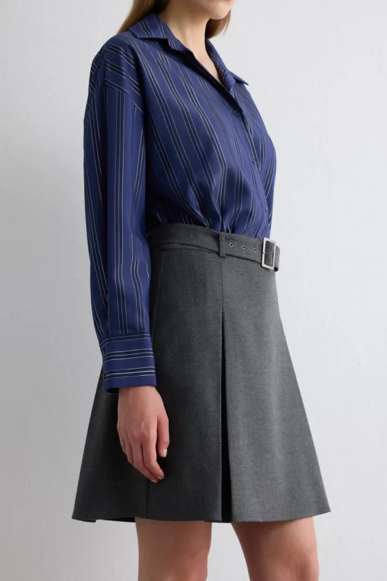 Herringbone Belted Mini Skirt - Gray - 3