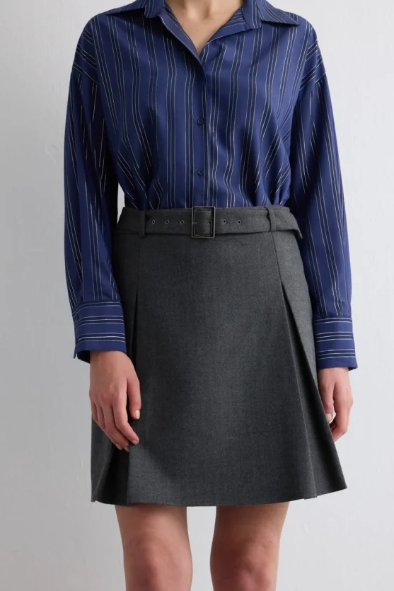 Herringbone Belted Mini Skirt Gray - 2