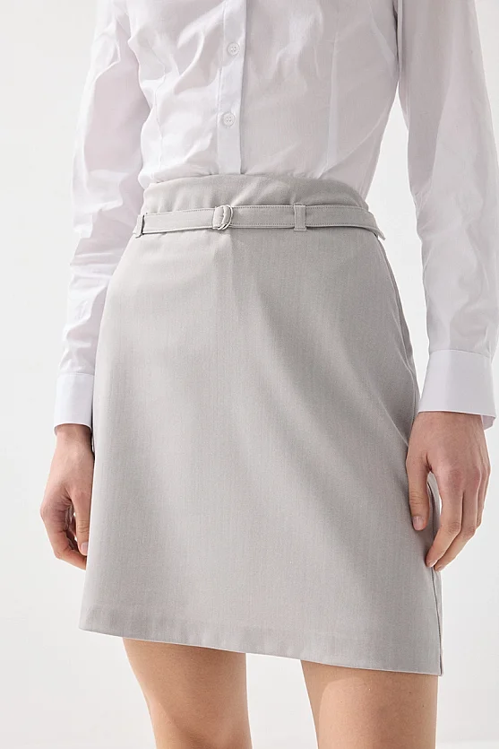 Herringbone Belted Mini Skirt - Grey - 2
