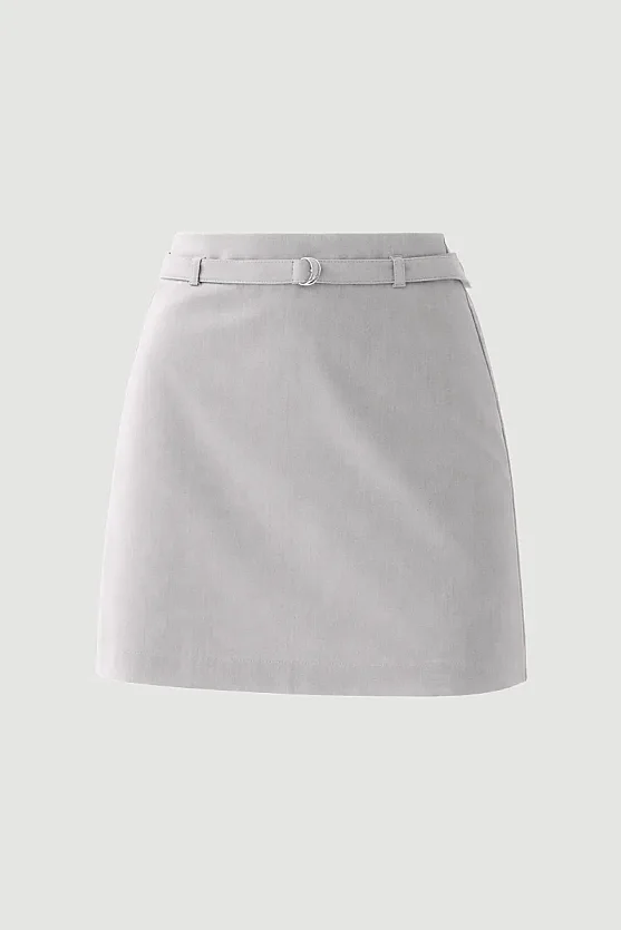 Herringbone Belted Mini Skirt - Grey - 8