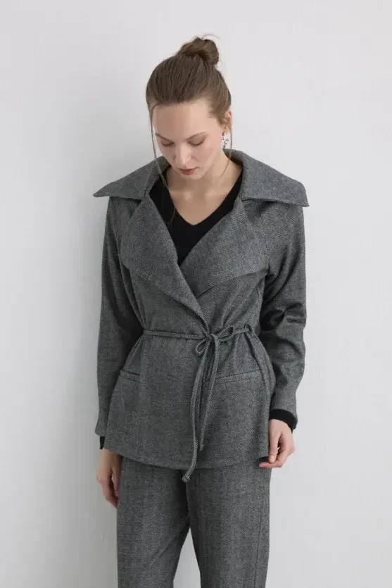 Herringbone Jacket with Drawstring Waist - Grey - Gusto