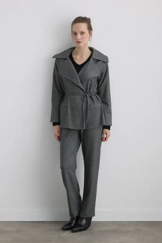 Herringbone Jacket with Drawstring Waist - Grey - Gusto