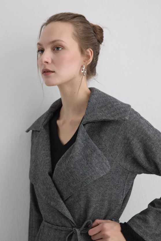 Herringbone Jacket with Drawstring Waist Grey - 3