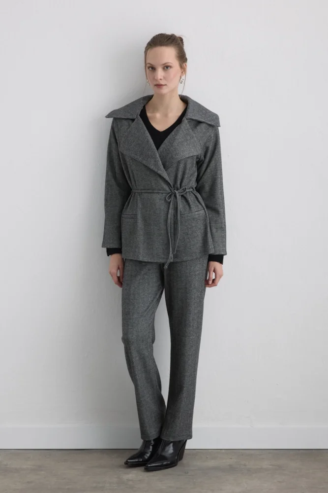 Herringbone Jacket with Drawstring Waist Grey Gray
