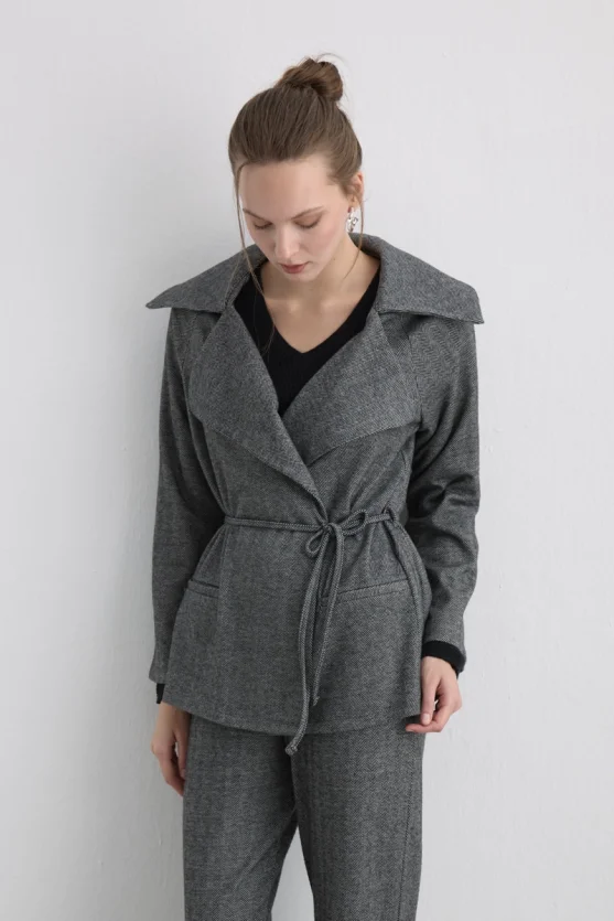 Herringbone Jacket with Drawstring Waist Grey - 2